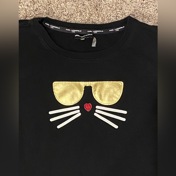 Karl Lagerfeld Paris Pullover Sweater Size XL Cat with Gold Glasses-Cotton Logo - Picture 2 of 5